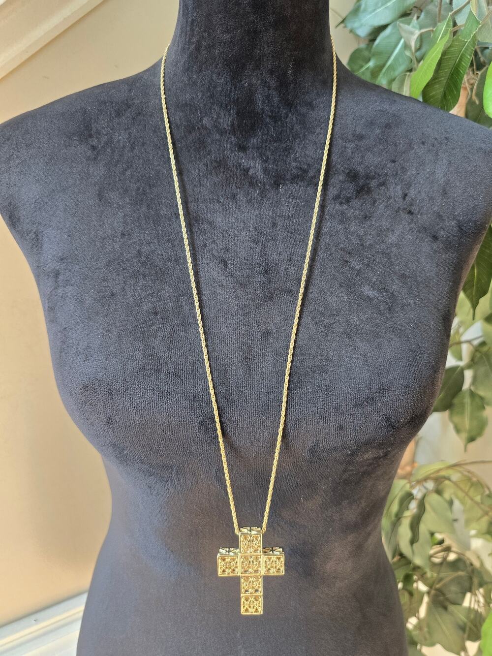 Gold Tone Rhinestone Cross Pendant Long Necklace Religious Statement Jewelry